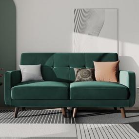 img 4 attached to Stylish And Space-Saving Emerald Green Velvet Loveseat Sofa With Tufted Design And Sturdy Wood Legs