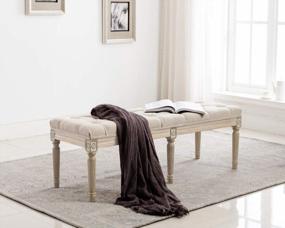 img 4 attached to 🪑 Rustic Beige Upholstered Entryway Bench with Carved Pattern, Kmax Ottoman Bench, featuring Rustic White Brushed Rubber Wood Legs