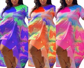 img 2 attached to Trendy Tie-Dye & Color Block Plus Size Outfit - DINGANG 2 Piece Set With One Shoulder Top And Shorts