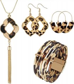 img 4 attached to Multilayer Leopard Statement Jewelry Set For Women - Includes Leopard Print Leather Bracelet, Teardrop Dangle Earrings, Tassel Pendant Necklace, And Cheetah Print Accessories