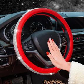 img 2 attached to Red Leather Steering Wheel Cover With Crystal Rhinestones - Universal Fit 15 Inch Anti-Slip Bling Bling Protector For Women Girls
