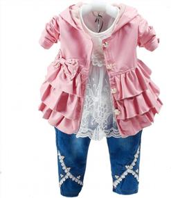 img 4 attached to 3Pcs Stylish Outfit For Little Girls: Leather Hoodie, Lace T-Shirt & Denim Jeans (6M-4Y)
