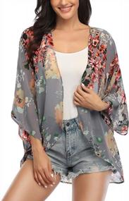 img 4 attached to Floral Kimono Cardigan For Women: Sheer 3/4 Sleeve Loose Shawl Cape, Chiffon Beach Cover-Up, And Casual Blouse Top