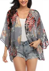 img 3 attached to Floral Kimono Cardigan For Women: Sheer 3/4 Sleeve Loose Shawl Cape, Chiffon Beach Cover-Up, And Casual Blouse Top