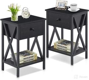 img 4 attached to 🌙 VECELO Modern X-Design Night Stand: Stylish End Side Table with Drawer & Storage Shelf - Black