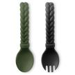 introducing the itzy ritzy silicone spoon & fork set: perfect baby utensils for self-feeding with comfortable braided handles in camo/midnight design, eco-friendly, and safe for 6 months and up! logo