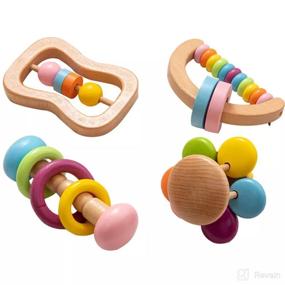 img 4 attached to Organic Colorful Baby Rattle Set - Safe Food Grade Wood Rattlers, Soother Bracelets, and Teethers for Montessori Toddler Toy - Multicolored (4pc)