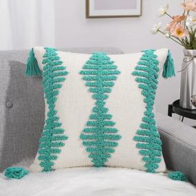 img 4 attached to Modern Bohemian Style Throw Pillow Covers For Couch And Bed - Lewondr Polyester Linen Woven Square Pillow Protectors, Sofa Cushion Covers With Tribal Design, 18 X 18 Inches (45 X 45 Cm), Green