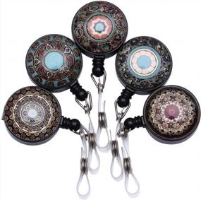 img 4 attached to 5 Pack Mandala ID Badge Holder Retractable Reels W/Belt Clip By Purida - Nurse Badge Reel Decorative Patterns