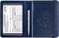 rfid blocking leather passport and vaccine card holder cover case for women & men - navy blue logo