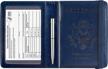 rfid blocking leather passport and vaccine card holder cover case for women & men - navy blue logo