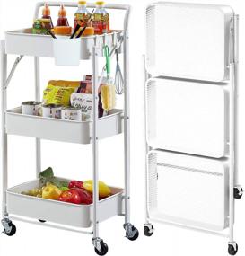 img 4 attached to White Folding 3-Tier Storage Cart With Wheels - No Assembly Required, Foldable Metal Utility Organizer Ideal For Classroom, Office, And Kitchen Use