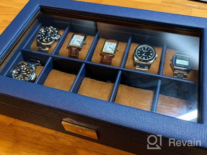 img 1 attached to ROTHWELL 10 Slot Leather Watch Box - Luxury Watch Case Display Jewelry Organizer - Locking Watch Display Case Holder With Large Glass Top - Watch Box Organizer For Men And Women (Blue/Tan) review by Bryan Reynolds