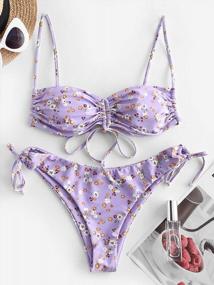 img 3 attached to ZAFUL Floral Print Bikini Set With Cinched Tie Cami Bandeau And Strapless Ruffle Cutout Top - Two Piece Bathing Suit For Women