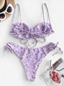 img 2 attached to ZAFUL Floral Print Bikini Set With Cinched Tie Cami Bandeau And Strapless Ruffle Cutout Top - Two Piece Bathing Suit For Women