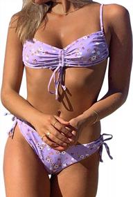 img 4 attached to ZAFUL Floral Print Bikini Set With Cinched Tie Cami Bandeau And Strapless Ruffle Cutout Top - Two Piece Bathing Suit For Women