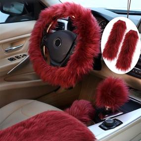 img 4 attached to 🍷 Wine Red Long Hair Fluffy Steering Wheel Cover Set: Keep Your Car Warm & Stylish with 6-Piece Furry Accessory Kit!