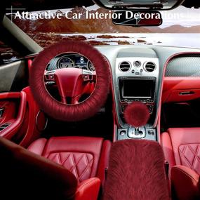 img 3 attached to 🍷 Wine Red Long Hair Fluffy Steering Wheel Cover Set: Keep Your Car Warm & Stylish with 6-Piece Furry Accessory Kit!