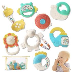 img 4 attached to 👶 Almond Island 8PCS Baby Rattles and Teething Toy for Brain Development in 0-12 Month Olds, Sensory Teethers for Infant Grasp N Shake, Perfect Newborn Gifts for Baby Boys and Girls, with Pacifier Clip and Storage Bag