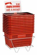 red shopping baskets with stand - set of 12 - basket dimension 8-1/2"h x 12"w x 17"l - perfect for retail, thrift, grocery, and convenience stores - holds 5 gallons of merchandise logo