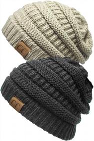 img 4 attached to Get Funky And Warm With Solid Ribbed Beanie Bundle - Soft Stretch Cable Knit Slouchy Hat 2 Pack Set