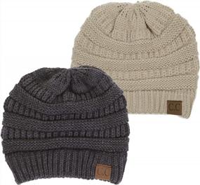 img 3 attached to Get Funky And Warm With Solid Ribbed Beanie Bundle - Soft Stretch Cable Knit Slouchy Hat 2 Pack Set