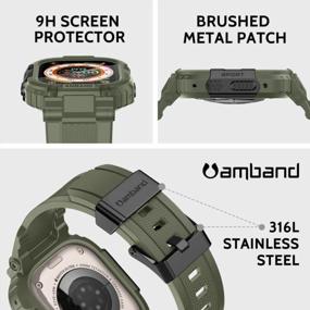 img 2 attached to Корпус Apple Watch 49 мм AmBand военного класса с защитной пленкой для экрана и 2 упаковками пленок из закаленного стекла - прочный ремешок для спортивной серии, мужской армейский зеленый бампер