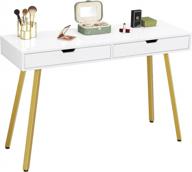 modern white vanity desk with glossy desktop, 39 inch makeup desk for girls and women with 2 drawers, dressing table for bedroom and home office, writing computer laptop desk with gold accents logo