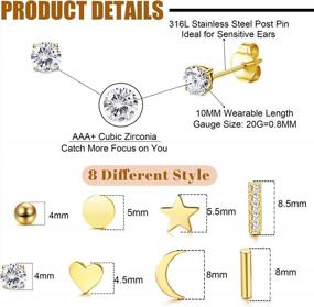 img 3 attached to Стильный и универсальный: набор SAILIMUE'S из 8 серег-гвоздиков из нержавеющей стали с фианитами в серебре, розовом золоте и золотых оттенках для женщин и мужчин