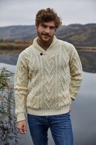 img 1 attached to Men'S 100% Merino Wool Cable Knit Sweater With Shawl Collar, Single Button Closure & Pockets