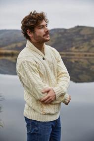 img 3 attached to Men'S 100% Merino Wool Cable Knit Sweater With Shawl Collar, Single Button Closure & Pockets