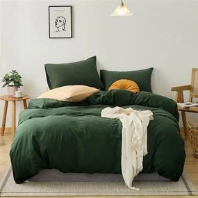 img 4 attached to Luxury Soft Knit Cotton Queen Duvet Cover Set - Dark Green (90X90 Inch) 3 Pieces Bedding With Zipper Closure & Corner Ties