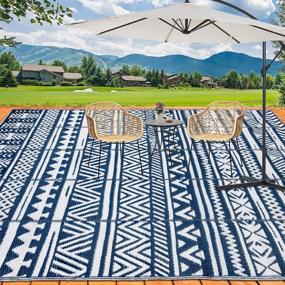 img 4 attached to 🏕️ HiiARug 9x12 Reversible Outdoor Rug, Plastic Straw Patio Rug for RV Camping, Large Floor Mat for Patio, Backyard, Deck, Picnic, Beach, Trailer, Camping - Navy/White