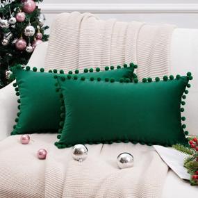 img 4 attached to Pack Of 2 Dark Green Pom Pom Velvet Decorative Throw Pillow Covers - Soft Particles, Ideal For Couch, Bedroom, Or Car - 12X20 Inches - Top Finel Cushion Covers