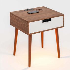img 4 attached to Frylr Nightstand End Table With Drawer, Touch & Hand Waving Control, LED Light Bedside Tables For Bedroom, Living Room And Sofa Side In Light Walnut And White