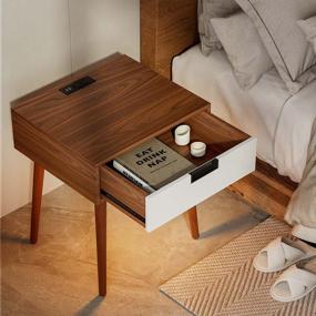 img 2 attached to Frylr Nightstand End Table With Drawer, Touch & Hand Waving Control, LED Light Bedside Tables For Bedroom, Living Room And Sofa Side In Light Walnut And White