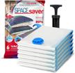 jumbo vacuum storage bags (6-pack) - 80% more clothes storage space | compression seal for comforters, blankets, bedding, clothing | great for closet & travel use with pump included. logo