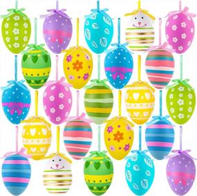 img 4 attached to Easter Hanging Eggs, 24Pcs Multicolored Plastic Easter Egg Hanging Tree Ornament, Decorative Hand Painted Eggs DIY Crafts With Various Style Stripes Dots Flowers For Easter Party Decor