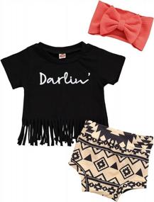 img 4 attached to Newborn Baby Girls Clothes Sets 3Pcs Letter Short Sleeve Tassel T Shirts Snakeskin Printed Shorts Headband