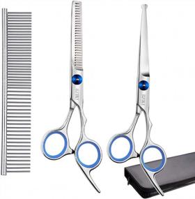 img 4 attached to Elfirly Pet Grooming Scissors - 2 Pack Set With Safety Round Tip For Dogs And Cats - Straight And Thinning Shears With Grooming Comb Included
