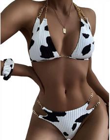 img 3 attached to NE Norboe Women’S Bathing Suits 3 Pcs Swimsuits Velvet Cows Print Halter Tie Top Triangle Bottom Sexy Bikini With Metal Chain