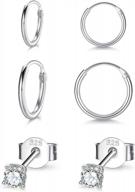 гипоаллергенные маленькие серьги-кольца из хряща с фианитами 3 мм для женщин и мужчин - набор из 3 пар и обручей 10/12 мм из стерлингового серебра логотип