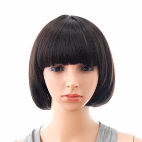 img 4 attached to 10 Inch Short Straight Bob Wig With Bangs: Synthetic Colorful Cosplay Daily Party Flapper Wig For Women & Kids - Black Brown