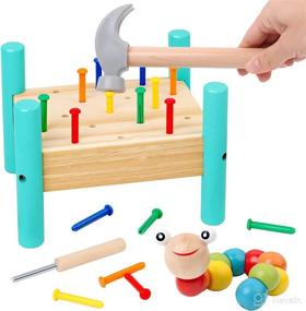 img 4 attached to 🔨 Colorful Interactive Wood Nails Pounding Hammer Kit: Fun Rainbow Bench Toy for Kids' Interactive Nailing Table Activity