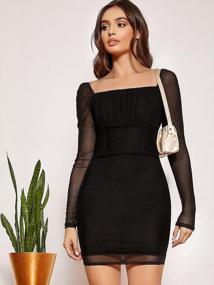 img 1 attached to Women'S Square Neck Mesh Long Sleeve Ruched Bodycon Short Dress By WDIRARA
