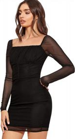 img 4 attached to Women'S Square Neck Mesh Long Sleeve Ruched Bodycon Short Dress By WDIRARA