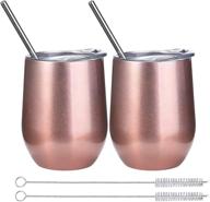 set of 2 rose gold insulated wine tumblers with lids, 12oz double wall stainless steel stemless glasses, includes straws and brush, perfect for champagne, cocktails, beer, and office use логотип