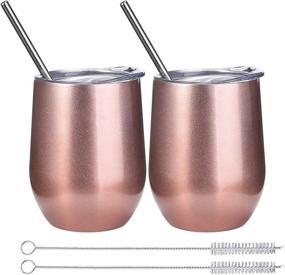 img 4 attached to Set Of 2 Rose Gold Insulated Wine Tumblers With Lids, 12Oz Double Wall Stainless Steel Stemless Glasses, Includes Straws And Brush, Perfect For Champagne, Cocktails, Beer, And Office Use