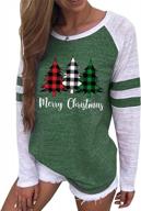 womens christmas baseball tee with buffalo plaid tree graphic - casual tshirt with splicing sleeves and festive cheer logo