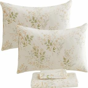 img 4 attached to FADFAY Premium 600 TC Floral Leaves Queen Bed Sheet Set - Soft, Deep Pocket, Printed In Botanical Pastel With Green & Cream Colours